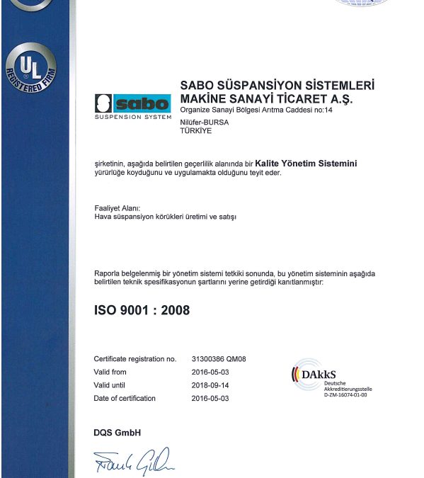 Sabo Suspension System è certificata ISO 9001-2008
